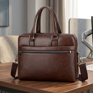 Porte-documents classique en cuir pour homme, fermeture éclair, sac souple et résistant pour affaires, marron - Product Image 4