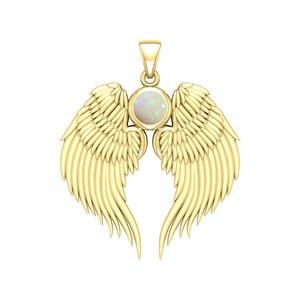 <b>Opal</b> Quartz Guardian Angel Wing Birthstone Pendant Gold Plated with Round Crystal 3 cm Charm <b>Necklace</b> Birthstone Jewelry - Product Image 1