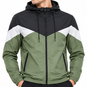 Chaqueta cortavientos para hombre con diseño de paneles en chevron, impermeable, verde oliva, negro, tricolor, ropa deportiva para exteriores, con capucha y cremallera. - Product Image 2