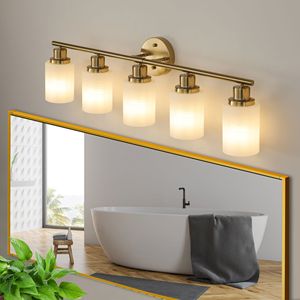 5 <b>Light</b> Modern Vanity Wall <b>Sconce</b> 31\" Golden Finish with Frosted Glass Shades for Bathroom & Hallway Lighting No Bulbs Included - Product Image 3