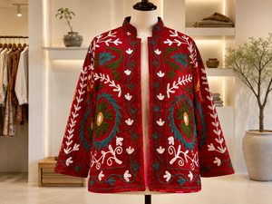Women's Red Embroidered Floral <b>Pattern</b> Woven <b>Quilted</b> Bomber <b>Jacket</b> Zip-Up Long Sleeve Reversible Design 100% Cotton - Product Image 4
