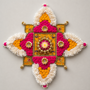 Decoración floral Rangoli hecha a mano para colgar en la pared para Diwali, decoración festiva para Puja, decoración para puerta con vela LED para el hogar, arte mural para el templo. - Product Image 1