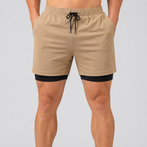Shorts de sport décontractés pour hommes, tissés, à taille mi-haute élastique, séchage rapide, couleur unie - Product Image 3