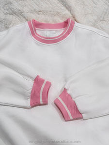 เสื้อสเวตเชิ้ตคอกลมผู้หญิงผ้าฝ้ายเฟรนช์เทอร์รี่คุณภาพสูง 100% แต่งชายเสื้อและปลายแขนเสื้อลายทางสีชมพู ทรงโอเวอร์ไซส์ สไตล์ลำลอง - Product Image 4