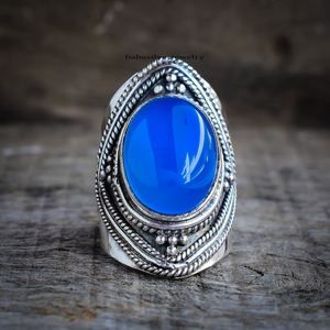 แหวนเงินแท้ 925 ประดับพลอยบลูแคลเซโดนี แหวนพลอยทำมือ แหวนแคลเซโดนีสำหรับเธอ - Product Image 1