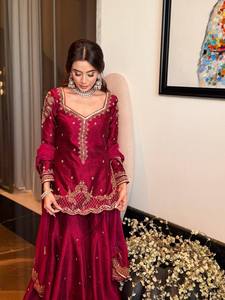 Ensemble Kurta en soie brodée marron pour femme avec pantalon palazzo et dupatta, tenue traditionnelle indienne et pakistanaise pour mariage, longueur au sol - Product Image 6