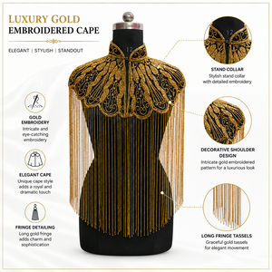 Cape de luxe noire en polyester brodée avec des franges dorées pour spectacle sur scène ou costume de fête - Product Image 6