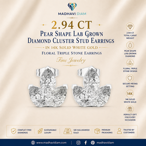 2.94 CT White Gold Pear Shape Lab Grown Diamond Cluster Stud <b>Earrings</b> in 14K Solid Gold, Floral Triple Stone <b>Earrings</b> - Product Image 1