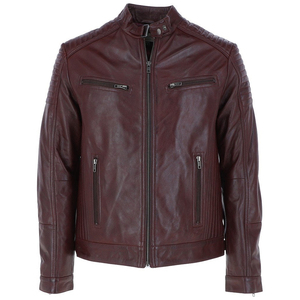 Chaqueta de Motociclista de Cuero Genuino Color Borgoña para Hombre, Cuello Alto, Cierre de Cremallera, Manga Regular, Estilo Otoñal - Product Image 1