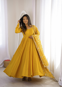Pure Roman Silk Chanderi Flared Anarkali Gown <b>Pants</b> Embroidery Sequence Dupatta Set Churidar Sleeve Party Wear Suit (PY 313) - Product Image 4