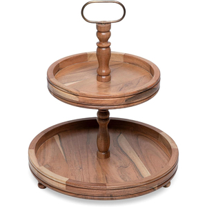 Elegant 2-Tier Wooden Serving Cake Stand With Metal Handle Wood Round Cake & Cupcake Stand <b>Dessert</b> & Display Platter For Kitchen - Product Image 1