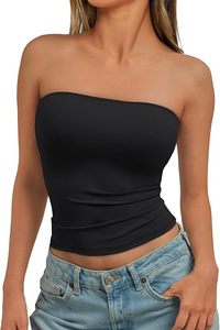 Top Corto Negro sin Tirantes para Mujer, Color Sólido, Tejido Elástico, Informal, sin Mangas, Corte Regular, para Uso Diario en Todas las Temporadas - Product Image 2
