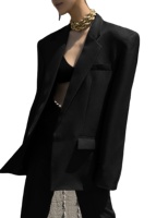 Blazer long sur mesure en velours tissé noir uni, respirant, à bouton unique, manches longues, coupe ample pour femme, viscose/polyester