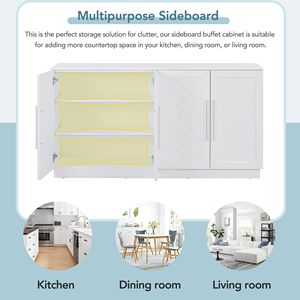 Large <b>Storage</b> Space Buffet <b>Cabinet</b> with 4 Doors Sideboard for Kitchen Dining Room Adjustable Shelves Silver Handles - Product Image 6