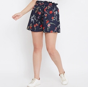 Shorts pour femmes à imprimé floral, taille basse, avec cordon de serrage et volants, coupe décontractée, séchage rapide, respirant, taille élastique - Product Image 1