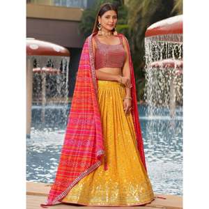 Lentejuelas amarillas deslumbrantes Georgette Sangeet Wear Lehenga Choli - Product Image 6