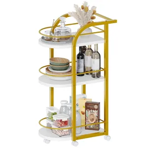 Modern Metal Ceramic Eco-Friendly Kitchen Trolley Cart White Shelves Yellow <b>Frame</b> Design Durable Storage Dining Room Living Room - Product Image 3