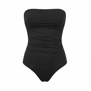 Strapless One Piece Swimsuit Women Ruched High Waist Solid Black <b>Tummy</b> <b>Control</b> Shapewear Bandeau Swimwear - Product Image 1
