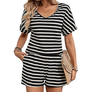 <b>Women's</b> Striped Knitted <b>2</b> <b>Piece</b> Shorts Set V Neck Short Sleeve Loose Fit Casual Spring Summer <b>Outfit</b> With Pockets - Product Image 1