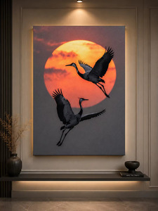 Tableau mural contemporain sur toile, peint à la main, représentant des grues en vol, en acrylique sur toile, œuvre d'art - Product Image 1