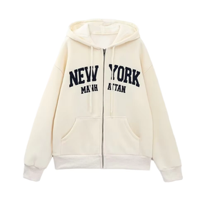 Sweat à capuche crème pour femme avec imprimé New York Manhattan, en coton, décontracté, fermeture éclair sur le devant, logo, coupe classique, manches longues - Product Image 1