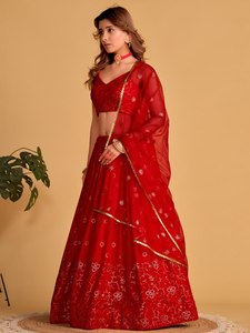 <b>Red</b> <b>Sequin</b> Georgette Lehenga Choli Semi Stitched Indian Outfit Embroidered Two Piece Reception Wear - Product Image 3