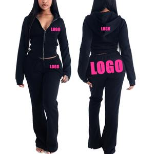 Survêtements pour femmes avec logo personnalisé, ensemble 2 pièces pantalon évasé, vêtements en coton de haute qualité, sweat à capuche zippé, pantalon de survêtement pour femmes - Product Image 1