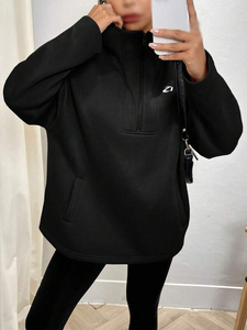 Sudaderas con cremallera de un cuarto negras para mujer, estilo streetwear, de algodón polar, corte holgado, cuello alto, hombros caídos, marca privada, pedido al por mayor - Product Image 5