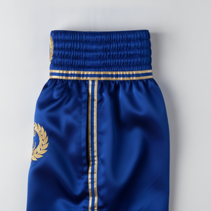 Shorts de boxe bleus pour hommes, coupe classique, broderie à la main, logo doré sur le devant, vêtements d'arts martiaux, taille adulte, polyester - Product Image 4