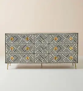 Best Quality Handmade Bone Inlay 2 Drawers Antique Look Bedside Table in Black White Color