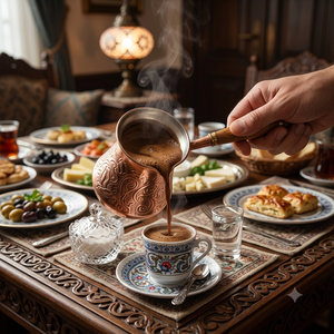 หม้อกาแฟทองแดงลายใบอะแคนธัสสุดหรู งานแฮนด์เมด พร้อมด้ามจับไม้ทรงเรียว สำหรับเตาแก๊ส สไตล์ตุรกี/กรีก - Product Image 4