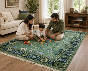 Tapis en laine fait main vert, tapis vintage à motifs floraux, tapis noué à la main de style persan, grand tapis de salon, tapis bohème doux et luxueux - Product Image 2