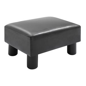 Reposapiés otomano rectangular pequeño Tapicería de piel sintética con asiento de espuma acolchado y patas de plástico Taburete de pie negro brillante - Product Image 1