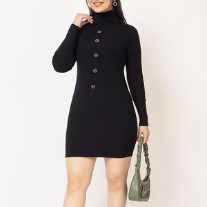 <b>Women</b> Vintage <b>Wool</b> Mini Ribbed Knit Breathable Thin Bodycon <b>Dress</b> | Full Sleeve High Neck Button Detail | Stretchable Winter - Product Image 1