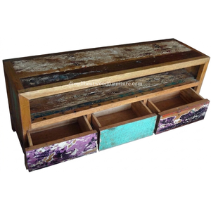 Sustainable Reclaimed Boat Wood TV Cabinet 3 Drawer Outside Handle Solid Wood Rustic Recycled Timber Unit Media <b>Stand</b> TV - Product Image 3