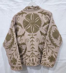 Brown Embroidered <b>Mandarin</b> <b>Collar</b> <b>Jacket</b> Full Sleeve Handmade Floral Wool Polyester Autumn Women's Coat - Product Image 2