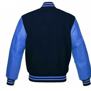 Veste universitaire unisexe bleu marine avec manches en PU, coupe classique, style preppy, col montant, simple boutonnage, vêtement d'hiver respirant en laine - Product Image 4