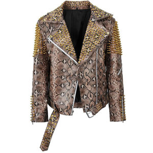 <b>Men's</b> Snake Print PU Moto <b>Jacket</b> With Rivet Decoration Turn-down Collar Zipper Closure Slim Fit Autumn Style - Product Image 1