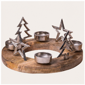 Handmade Natural Mango Wood Advent Candle Holder With Silver Metal Stars And Trees Round Rustic Tealight <b>Stand</b> For Christmas - Product Image 3