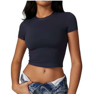 Haut de yoga à col montant pour femme, respirant, uni, séchage rapide, t-shirt de sport, logo personnalisé, manches courtes, chemises ajustées, OEM - Product Image 3