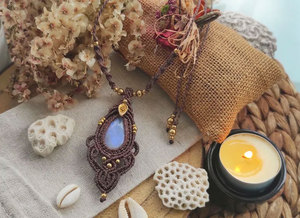 Rainbow Moonstone Macrame <b>Statement</b> Pendant Mauve Hand-Woven Crystal <b>Necklace</b> Spiritual Boho Jewelry - Product Image 3