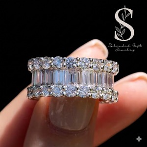 Bague de mariage et de fiançailles en moissanite taille baguette et taille ronde, entièrement sertie, pour promesse et anniversaire, par le fabricant plpl - Product Image 1