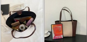 Sac à main tendance pour femme en cuir grande capacité, sac de shopping en PU couleur unie contrastante avec fermeture éclair - Product Image 5