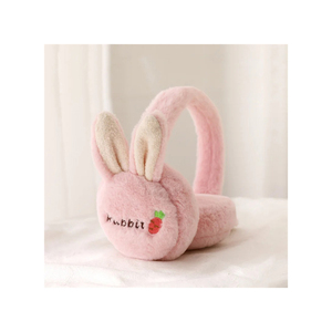 Pink Plush Bunny <b>Ear</b> <b>Muffs</b> With Embroidered Carrot And Kabbit Text - Product Image 1