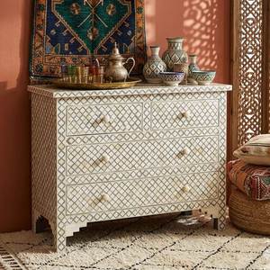 Table de chevet moderne à 1 tiroir et 1 porte avec incrustation osseuse, style bohème, couleur personnalisable, durable, pour la décoration de chambres et de salons - Product Image 5