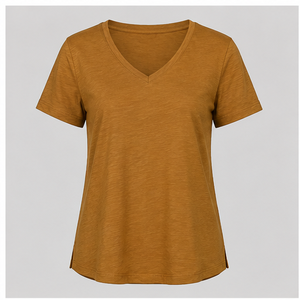 เสื้อยืดผู้หญิงคอวีแขนสั้นทรงหลวมสีเหลืองดิน WTS-0102 - Product Image 1
