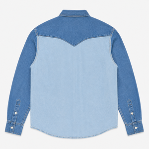 Camisa de Mezclilla Bicolor para Hombre, con Paneles en Contraste, Manga Larga, Estilo Casual Urbano, 100% Algodón, Ecológica, Antiarrugas, Personalizable - Product Image 6