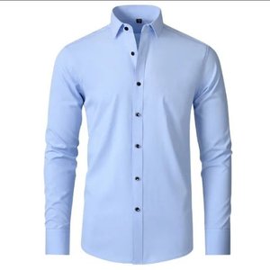 Chemise habillée rose unie à manches longues pour homme, col rabattu, style formel, en tissu popeline tissé - Product Image 1