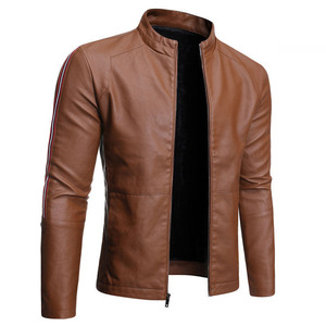 Chaqueta de Cuero PU Marrón para Hombre, Estilo Motero, Cuello Alto, Cierre de Cremallera, Corte Ajustado, Ropa de Abrigo Otoñal, Fabricante en Pakistán - Product Image 3