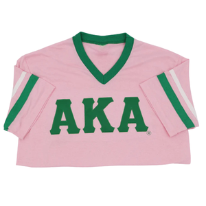 Camiseta AKA Pink Ringer con ribete verde y letras griegas bordadas, camiseta informal para mujer, color rosa y verde - Product Image 4